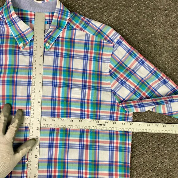 J. McLaughlin Button Down Shirt Men's Large Plaid Cotton Green White Blue Red - Picture 6 of 11